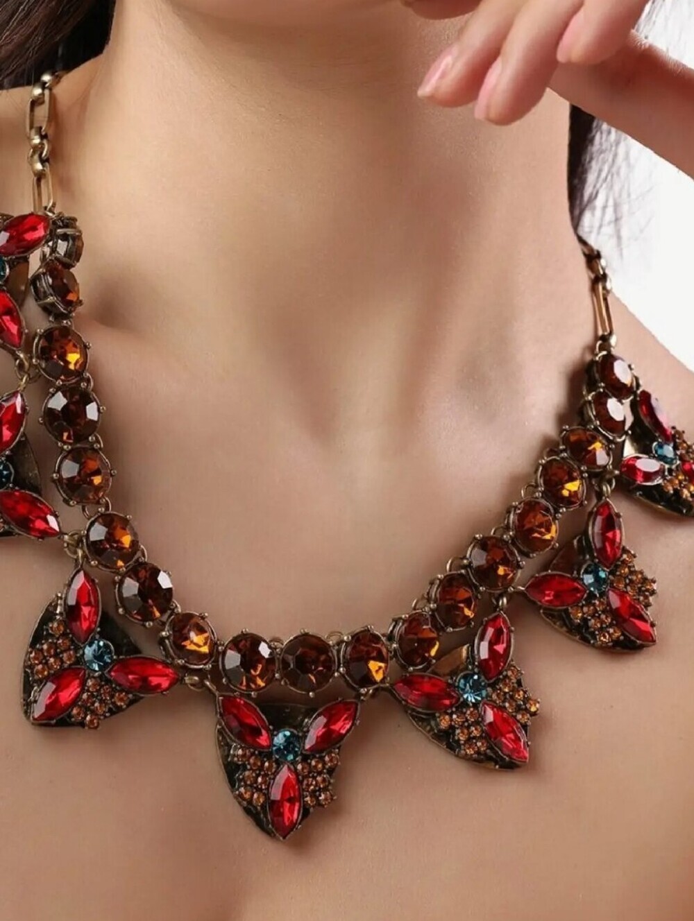 Gold-Tone Statement Necklace with Red and Teal Accents